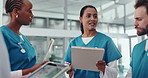 Woman, doctors and clipboard with team at clinic with discussion, meeting and problem solving. Person, nurse and surgeon with checklist, group or talk with feedback for medical report at hospital