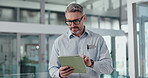 Glasses, man and doctor in clinic, tablet and email with healthcare report, internet or optometry. Mature person, medical results or professional in hospital, eyewear or clear vision with screen time