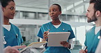 Woman, doctors and clipboard with team at hospital with discussion, review and problem solving. Person, nurse and surgeon with checklist, group or talk with feedback for medical report at clinic