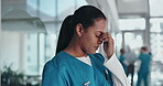 Disappointed, surgeon and woman with stress, hospital and thinking of surgery failure or depression. Unhappy, medical professional and person with emotion for mistake, reflection and guilt for loss