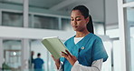 Woman, nurse and tablet in clinic for healthcare schedule, information or review medical history. Technology, person and worker in hospital to scroll email, update report and research on internet