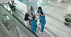Happy people, medical team and winning with hands together for celebration or collaboration above. Group, healthcare workers or union with pile, stack or applause for success or mission in hospital
