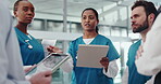 Medical team, nurse and clipboard with discussion in clinic for test results, surgery plan or info. Healthcare, doctors and people with meeting for hospital workflow, staff schedule and cooperation