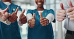 Happy people, hands and medical team with thumbs up for winning, success or feedback in hospital. Closeup, group or healthcare workers with like emoji, yes sign or OK for diversity or inclusion