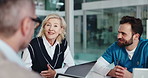 Hospital manager, meeting and discussion with people for good news, medical results or clinic budget. Smile, nurse and group planning with healthcare cost, surgery schedule and task delegation