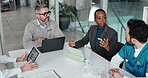 Medical staff, tablet or woman with discussion in meeting for surgery funding, progress or feedback. Above, health administrator and planning with team for clinic budget, treatment options or support