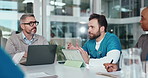 Nurse, meeting and medical discussion in hospital for report, results or clinic budget. Talking, doctor and group of people planning for healthcare cost, surgery schedule or feedback with technology