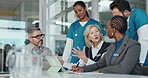 Medical, tablet and team planning in hospital for idea,  proposal and clinic discussion. Talk, doctor and group of people with technology for healthcare solution, surgery schedule and brainstorming