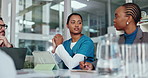 Nurse, meeting and team planning with woman in hospital for idea, medical proposal and clinic review. Talk, doctor and group with discussion for healthcare update, surgery schedule and brainstorming