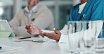 Medical team, hands and nurse with discussion in meeting for surgery schedule, funding or feedback. Medicine, people or planning with clipboard for clinic budget, healthcare cost or treatment options