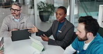 Healthcare, woman and group with laptop, meeting or research for investment, serious or opportunity. Above, administrator and people with tech for funding grant, planning and discussion in clinic