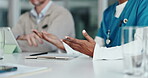 Medical team, hands and nurse with discussion in clinic for surgery planning, strategy or funding. Medicine, people or feedback with clipboard for healthcare budget, treatment options and cost update