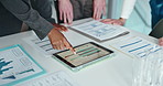 Finance, tablet and hands of business people with statistics for research, profit growth and sales report. Corporate, financial documents and workers on tech for budget review, planning and meeting