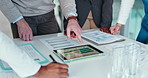 Finance, tablet and hands of business people with chart for statistics, profit growth and sales report. Corporate, financial documents and workers on tech for budget review, planning and meeting