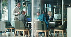 Healthcare, CEO and medical team with tablet for meeting, planning and feedback in glass office. Hospital, director and man with tech for funding allocation, requirement proposal or discussion