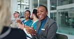 Happy people, medical union and meeting with applause for congratulations, well done or good job. Excited, group or healthcare workers clapping with smile for promotion or team success in workplace
