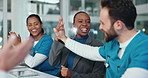 Medical team, applause and high five in hospital for celebration, surgery success or achievement. Clapping, healthcare and happy people with goal, promotion or praise nurse for results with thank you