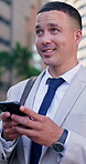City, phone and thinking with lawyer man outdoor for communication, feedback or update on court case. App, legal and vision with happy attorney in urban town for email or trial litigation on mobile