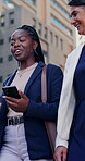 Group, business and people walk in city with discussion, planning and share ideas for project. Below, staff and talking with phone for feedback, team brainstorming and schedule update of urban travel