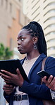 City, collaboration and tablet with business people in meeting for planning or strategy discussion. App, conversation and development with corporate employee group outdoor in urban town for teamwork