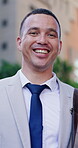City, face and laughing with lawyer man outdoor for legal counsel or representation on court case. Funny, street and trial with happy attorney in urban town as advisor or consultant on lawsuit