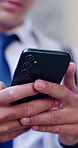 Business, hands and man with smartphone, internet and typing with social media, texting and network. Closeup, person or entrepreneur with cellphone, digital app and communication with online schedule