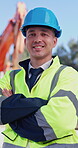 Arms crossed, face and laughing with construction worker man outdoor for development or engineering. Architecture, labor and maintenance with funny developer on building site for project management