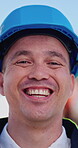 Building, face and smile of construction worker man outdoor for development or engineering. Architecture, maintenance and renovation with happy developer on industrial site for project management