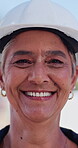 Building, face and laughing with architect woman outdoor for development or engineering. Funny, maintenance and renovation with mature construction worker on industrial site for project management