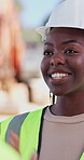 City, civil engineer and woman with smile, discussion or property development, plan or architecture. Talking, contractor and people with collaboration for construction, outdoor and happy for project
