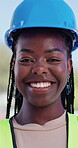 Face, engineering and black woman in city, smile and urban development with renovation project. African person, portrait and construction worker with helmet, inspector and architecture with safety