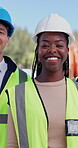 Face, engineering and people with woman, construction site and architecture with renovation project. Urban planning, outdoor or employees with safety helmet, deadline and inspector with vest or smile