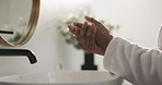 Hands, skincare and moisturizer cream in bathroom with morning routine for natural glow in home. Person, lotion application and cosmetic product for dermatology, wellness or benefits at apartment