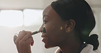 Morning, bathroom and black woman with gua sha for skincare, beauty routine and facial treatment. Dermatology, home and person with jade roller for anti aging, smooth skin and lymphatic drainage