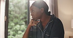 Sad, morning and woman in bedroom thinking for insomnia, sleep issue and depression. Home, mental health and African person with stress, anxiety and frustrated on bed for tired, fatigue and exhausted