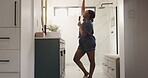 Singing, hair brush and dance with black woman in bathroom for morning routine, energy and music. Self care, mirror and beauty maintenance with person in home for karaoke, performance and grooming