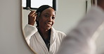 Mirror, bathroom and happy black woman with gua sha for skincare, beauty and facial treatment in home. Morning routine, massage and person with jade roller for anti aging, smooth skin and self care
