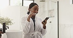 Happy, black woman or brushing teeth with phone in bathroom for dental care or hygiene in home. Female person, user or smile with toothbrush on mobile smartphone for mouth cleaning or oral protection