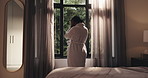 Black woman, morning and stress with worry in bedroom for mistake, fear or financial loss. Disappointed, panic or worried female person in home with anxiety for mental health crisis, debt or pressure