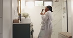 Karaoke, hair brush and mirror with black woman in bathroom for morning routine, energy and music. Self care, dancing and beauty maintenance with person in home for singing, performance and grooming