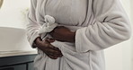 Woman, hands or stomach ache with pain in bathroom for gastro reflux or indigestion in home. Female person, cramp or sore tummy with diarrhea for constipation, bowel obstruction or infection in house