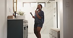 Black woman, hair brush and singing in bathroom mirror with voice, playful and air drums in home. African person, dancing and karaoke with morning routine, music and song performance at apartment