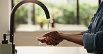 Washing hands, running water and kitchen tap for hygiene, wellness and health with clean skin in home. House, woman and cleaning bacteria or germs with disinfection, self care and rinse with soap
