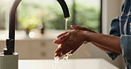 Washing, hands and tap water in kitchen for hygiene, wellness and health with clean skin in home. House, woman and cleaning bacteria or germs with disinfection, self care and rinse with soap