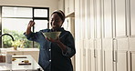 Breakfast, dance and black woman in kitchen with healthy diet, energy or nutrition with bowl. Food, excited person and music in home for freedom, wellness or singing with morning routine to start day