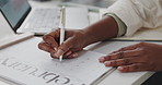 Hands, business and woman with calendar, writing and notes for schedule, planning and tax reminder. Closeup, person and professional in office, deadline and memory with diary appointment and agenda
