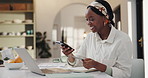 Happy, black woman and phone with credit card in home for online shopping, purchase or payment. Female person, shopper or dancing with mobile smartphone, debit or laptop for ecommerce or banking app