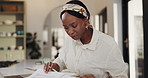 Home, laptop and black woman with finance documents for online banking, account and tax info. Frustrated, paperwork and person on computer for digital accounting, financial planning and budget