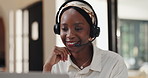 Headset, remote work and black woman on laptop for online help, virtual assistance or advice. Working from home, business consultant and person on computer for customer service, support or contact us