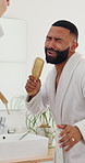 Happy couple, dancing or singing with brush in bathroom for energy, morning routine or good vibe. Man, woman or dancer with smile or laughing for playful bonding, grooming or hygiene together in home